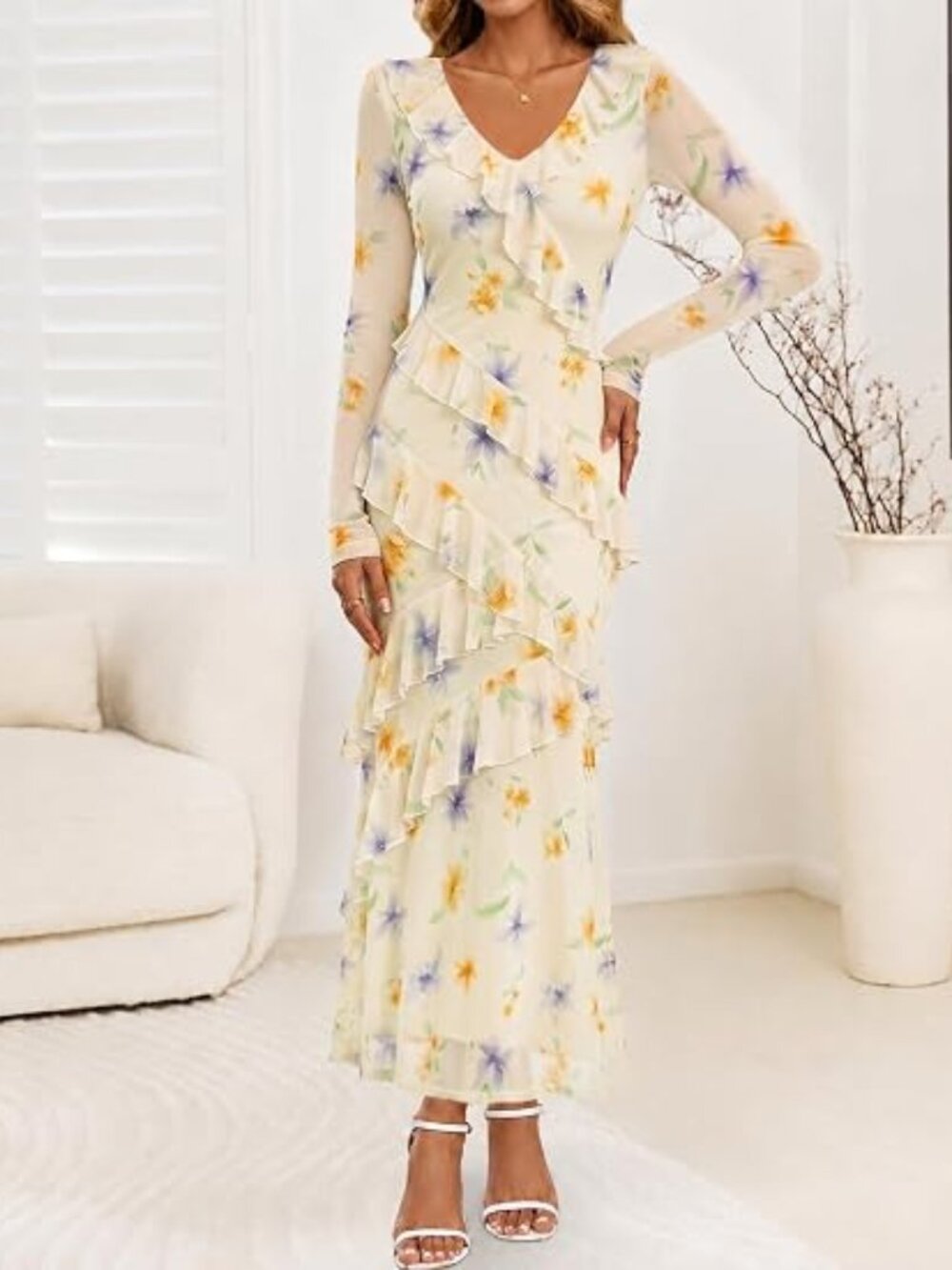 Wedding Guest Dresses for Women Fall Long Sleeve Floral Maxi Dress